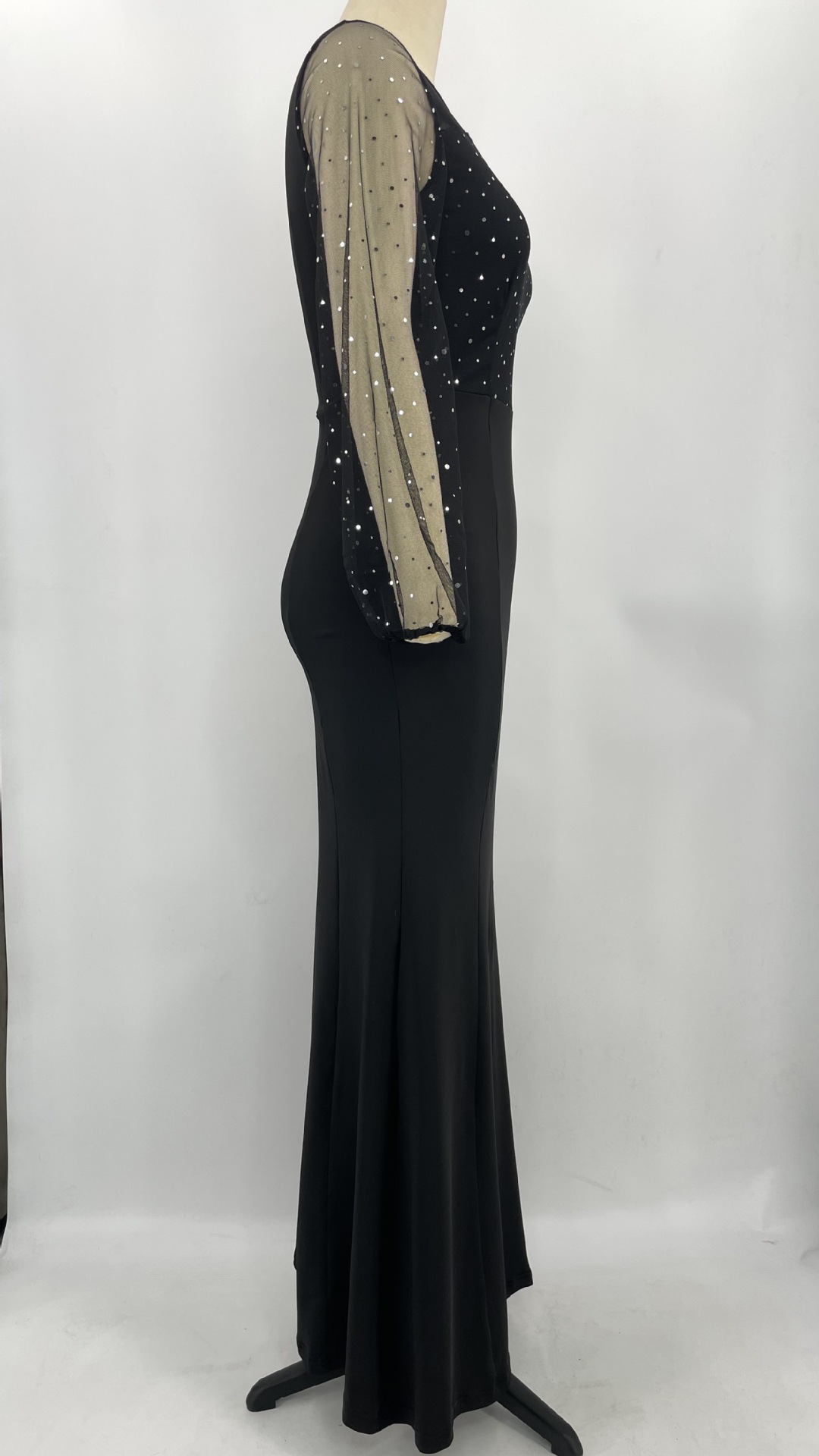 Women's Clothing elegant dress solid color mesh sequin stitching high waist long slim evening dress_voghion.com