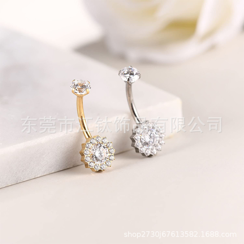 G23 Titanium Belly Button Ring Sunflower Inlaid Stone Cross Piercing Jewelry detail image 9