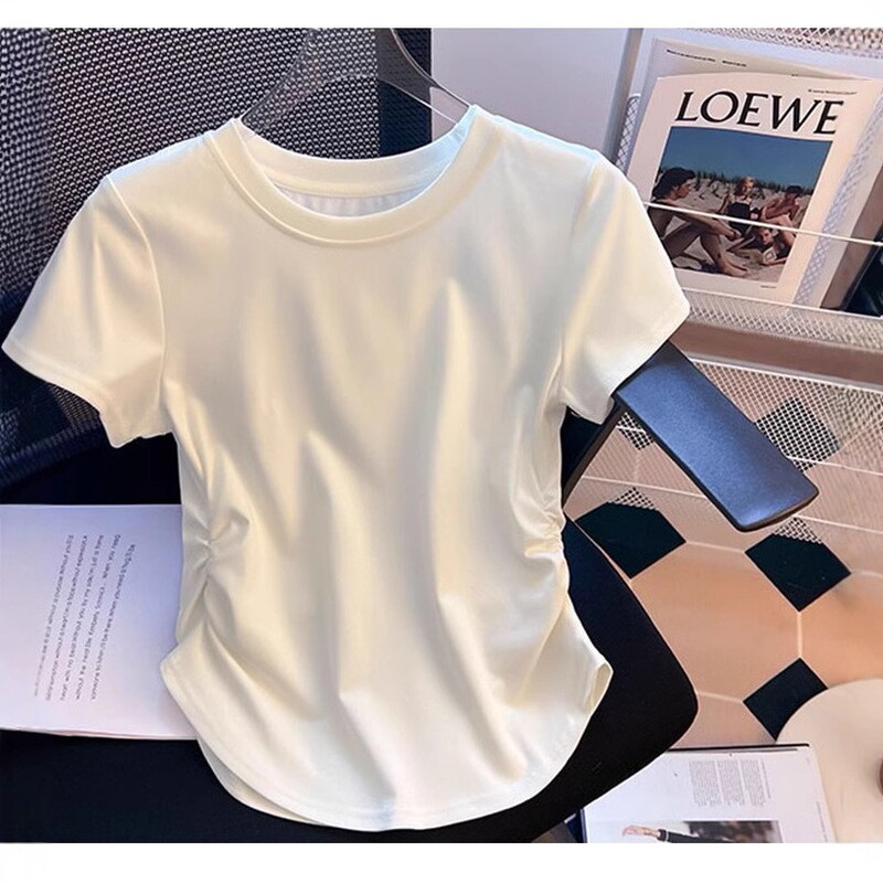 Design-Sense Pleated Tight Waist Pure T-Shirt Women's Summer Short Slimming Slim-Fit Small Shirt Round Neck Spice Girls Short-Sleeved Base