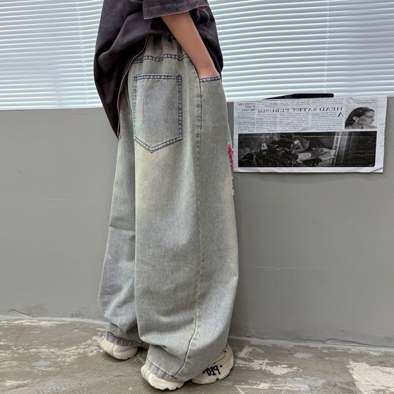 Zhili children's clothing boys' wide-leg pants, American style ripped print wide-leg jeans, unisex loose straight leg long