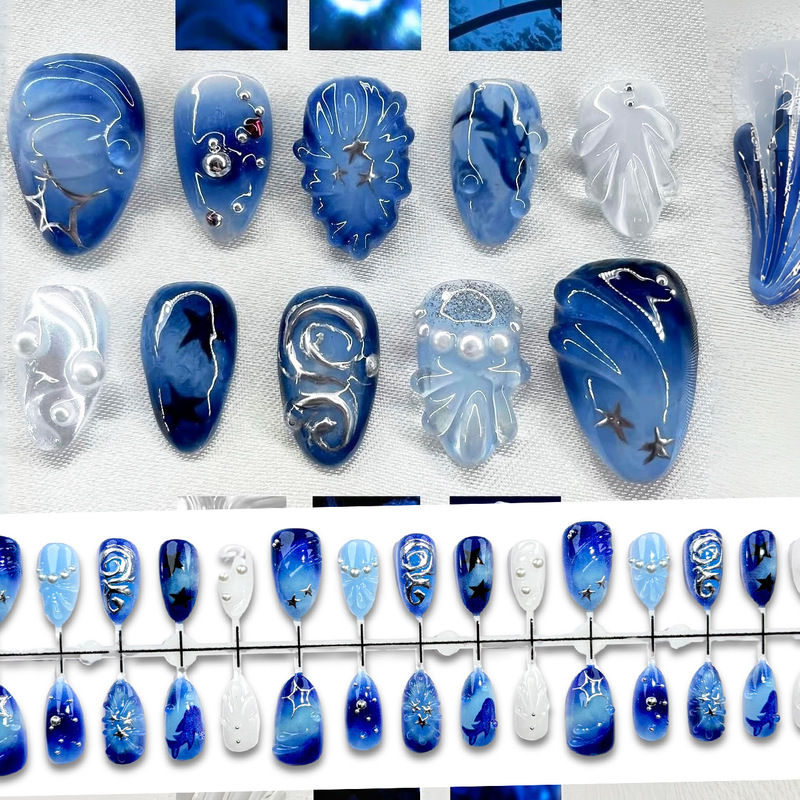 Deep Sea Blue 3D Ocean Style Press-On Nails European and American Cross-Border Gold-Plated Ins Hot Girl Nail Stickers Ultra-Short Almond