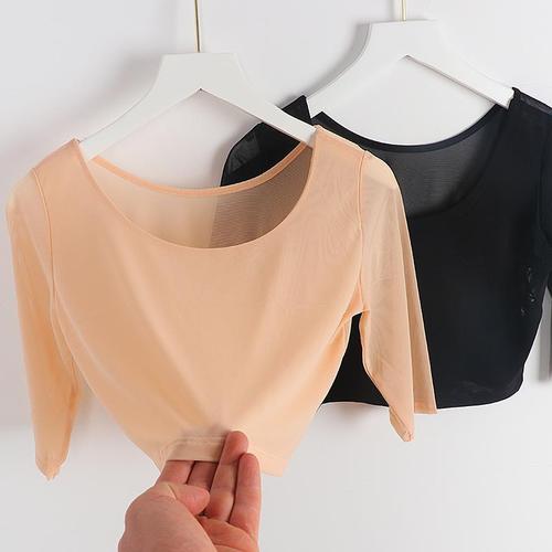 Sheer mesh base shirt, half-length gauze dress for summer—stylish, form-fitting, mid-sleeve, short-length top for layering.