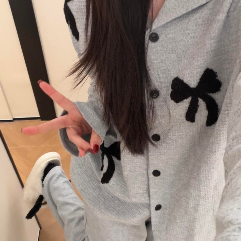 Waffle Gray Bowknot 2026 Spring and Autumn Women's Pajamas, Trendy Korean Style, Can Be Worn Outside, Loungewear Set Waffle Gray Bowknot 2026 Spring and Autumn Women's Pajamas, Trendy Korean Style, Can Be Worn Outside, Loungewear Set