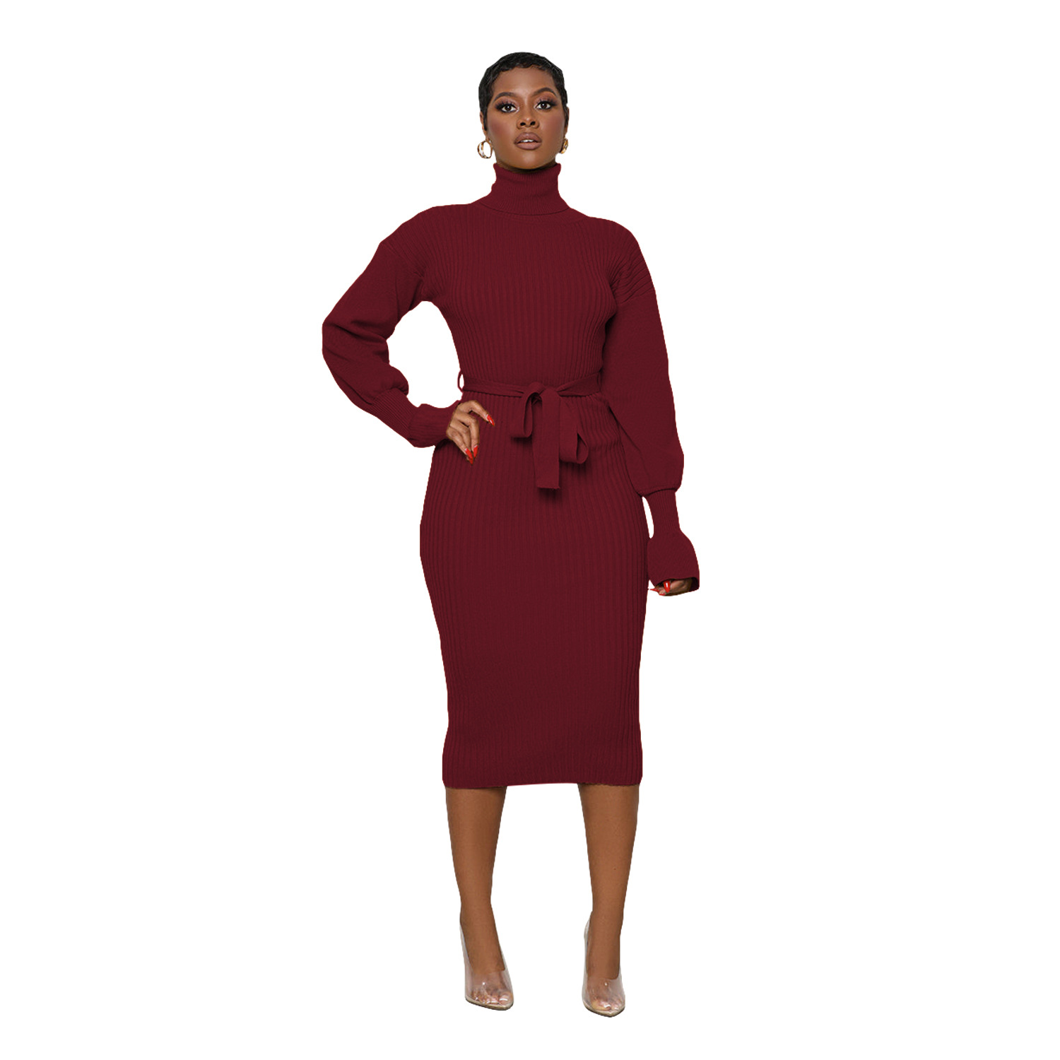 Women's Clothing solid color high collar knitted strap dress_voghion.com