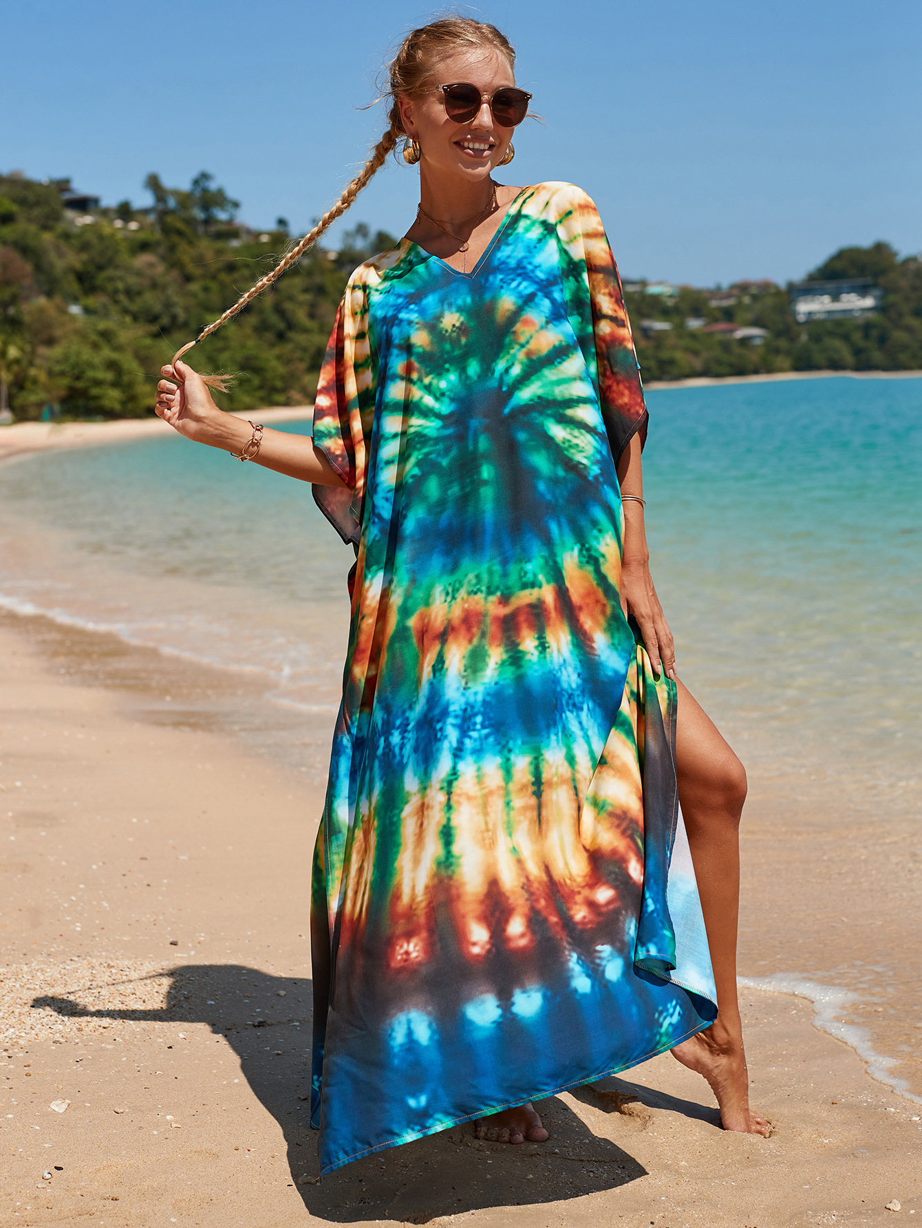 printed loose short sleeve v neck slit beach outdoor cover-up-Multicolor NSMUX131415