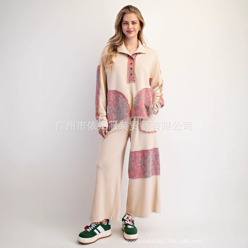 Amazon 25 秋冬新作クロスボーダーヨーロッパとアメリカの服プリントパッチカジュアルラペル長袖ツーピーススーツ女性用|undefined