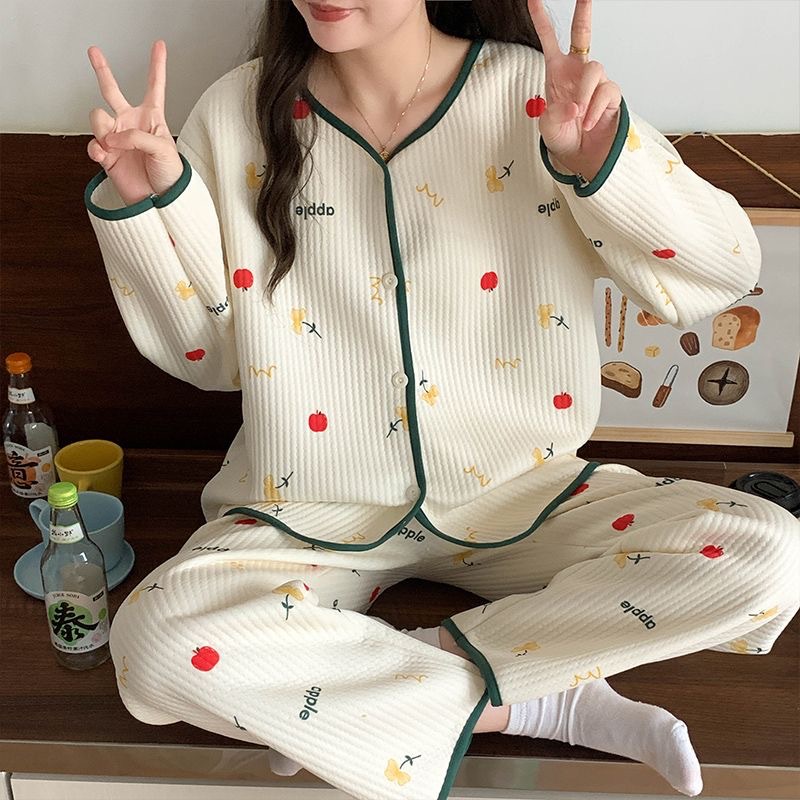 Pijamas de algodón de aire de mujeres otoño y invierno nuevo engrosado de mangas largas dulce pequeño viento fragante calentamiento conjunto de ropa de hogar se puede usar fuera