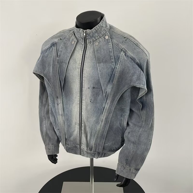 Wear And Tear Dirty Denim Jacket, Deconstruct Stand Up Collar Jacket, Loose Workwear Clothes_voghion.com