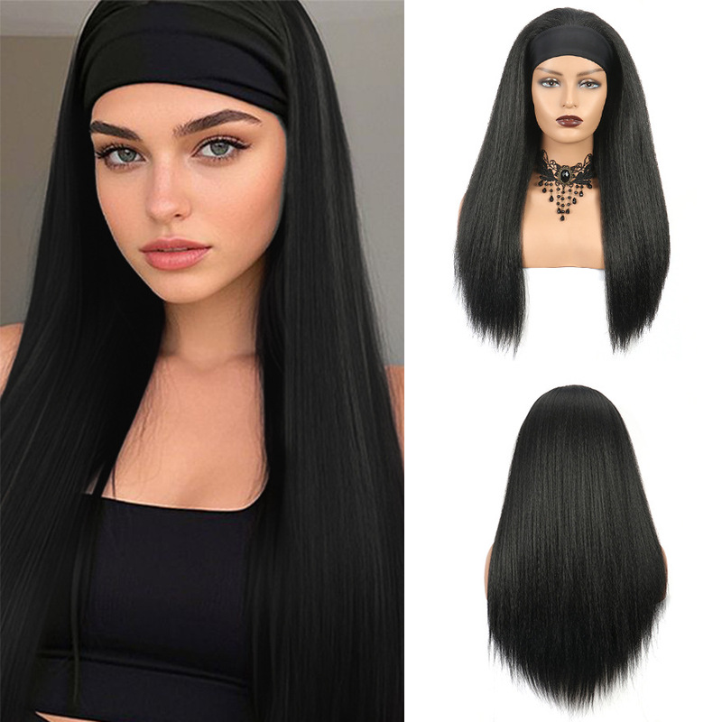 Yaki Straight Hair Synthetic Wig with Adhesive Twist Hairband, Natural Black Front Hairband Straight Synthetic Fiber Wig Wholesale