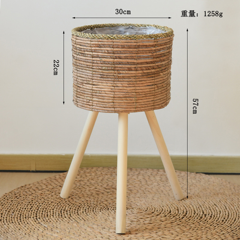 Balcón nórdico de caña decorativo de plantas estante de madera sólida sala de estar tipo piso de paja flor trenzada en maceta bambú trenzado estante