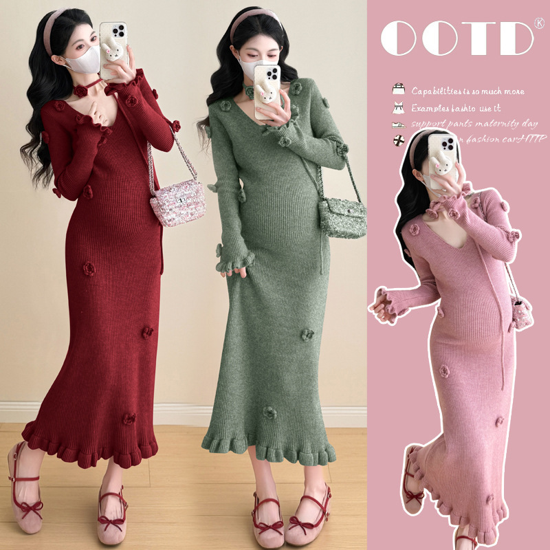 2025 New Autumn and Winter Stereo Flower Lady Style Loose Maternity Dress Long Skirt
