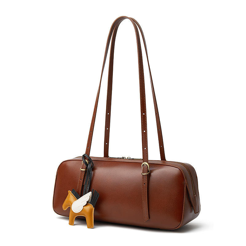Genuine Leather Underarm Bag Retro Bowling Bag For Women Versatile Niche Vegetable-Tanned Top Grain Cowhide Handbag - Thumbnail 5