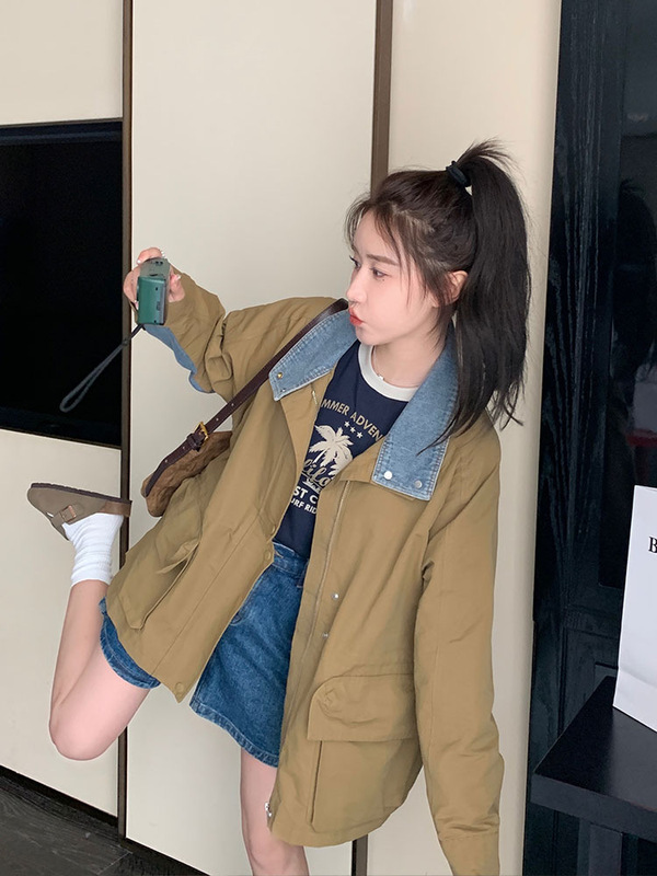 咖色牛仔拼接翻领风衣女2025初春秋新款气质显瘦减龄宽松休闲外套|undefined