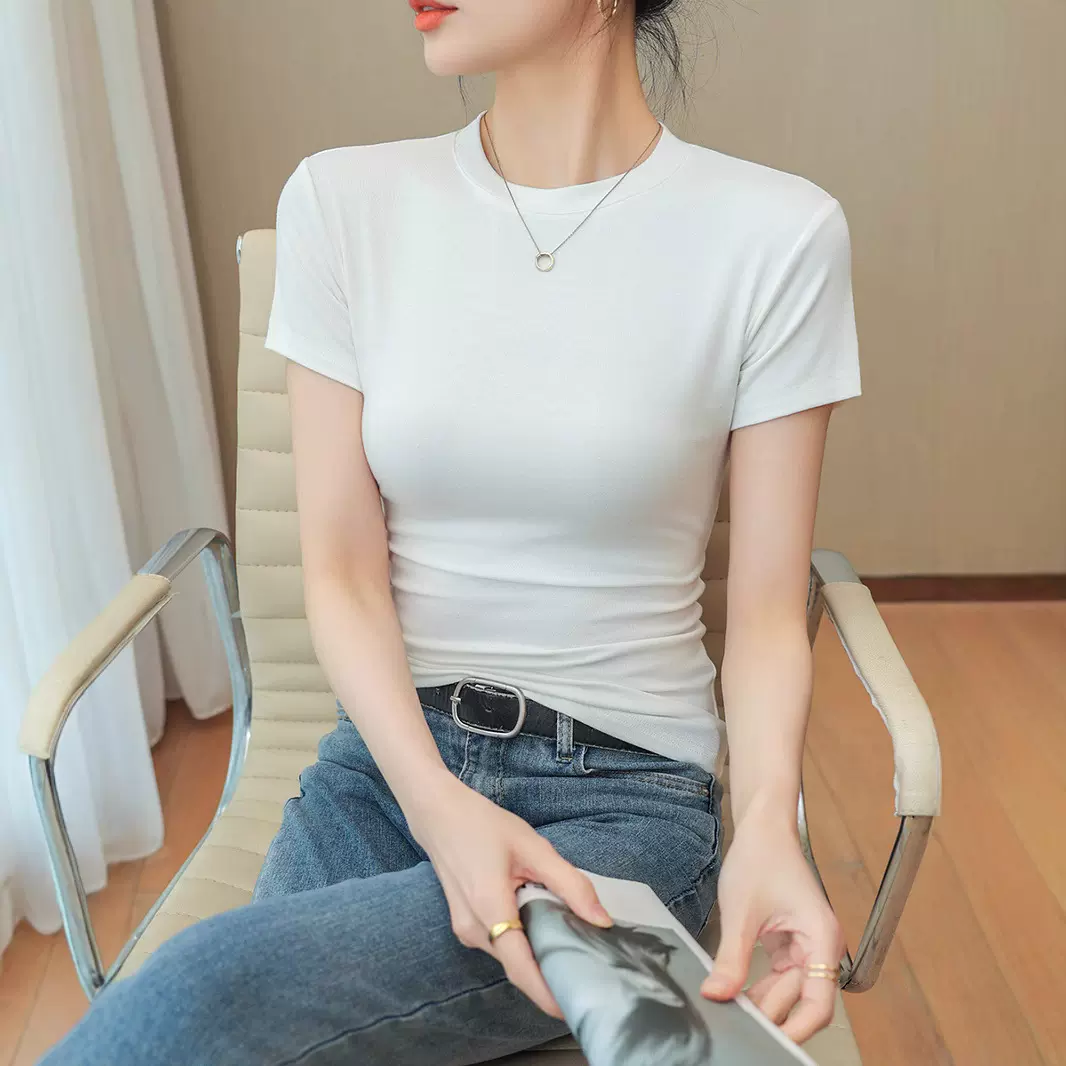 美式白色t恤女正肩短袖欧货2025年新款螺纹显瘦圆领叠穿打底上衣