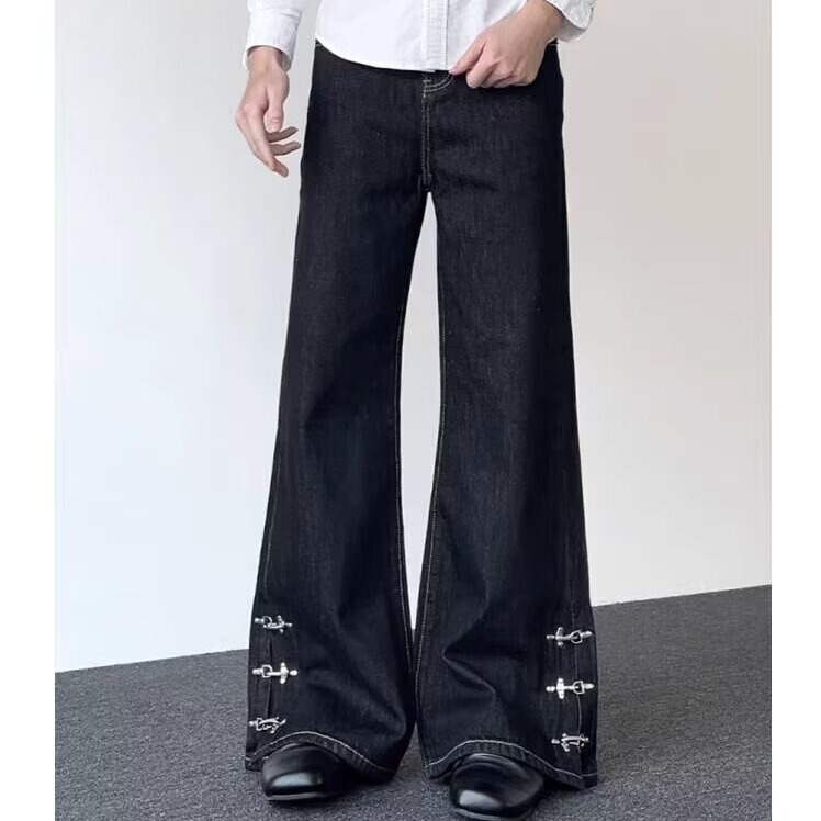 Black Raw Denim Flared Jeans, Unisex, New for Spring and Autumn, High-Waisted, Slimming, Loose Fit, Drapey Wide-Leg Bootcut Pants Black Raw Denim Flared Jeans, Unisex, New for Spring and Autumn, High-Waisted, Slimming, Loose Fit, Drapey Wide-Leg Bootcut Pants