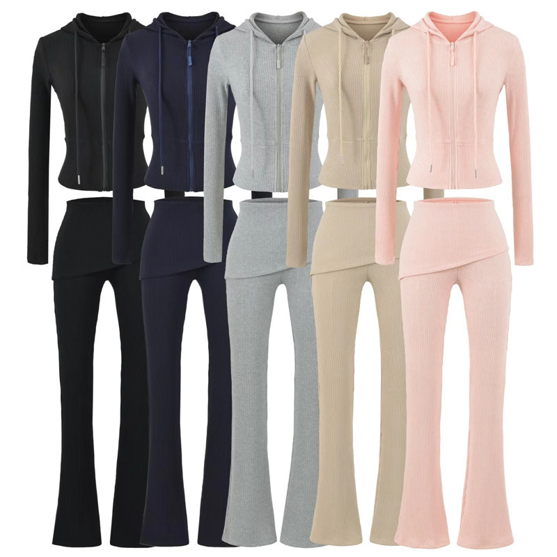 Hot girl sports suit: slim-fit short long-sleeve hooded sweatshirt jacket, high-waisted butt-lifting flared yoga pants, floor-length pants Hot girl sports suit: slim-fit short long-sleeve hooded sweatshirt jacket, high-waisted butt-lifting flared yoga pants, floor-length pants