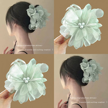 清冷感花朵抓夹女高级感后脑勺气质超仙雪纺发夹子大号鲨鱼夹头饰