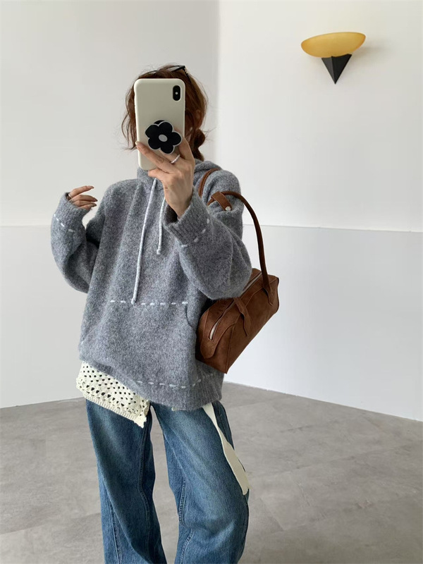 秋冬新款连帽毛衣女2025韩系宽松手工明线口袋小众慵懒风针织上衣|undefined