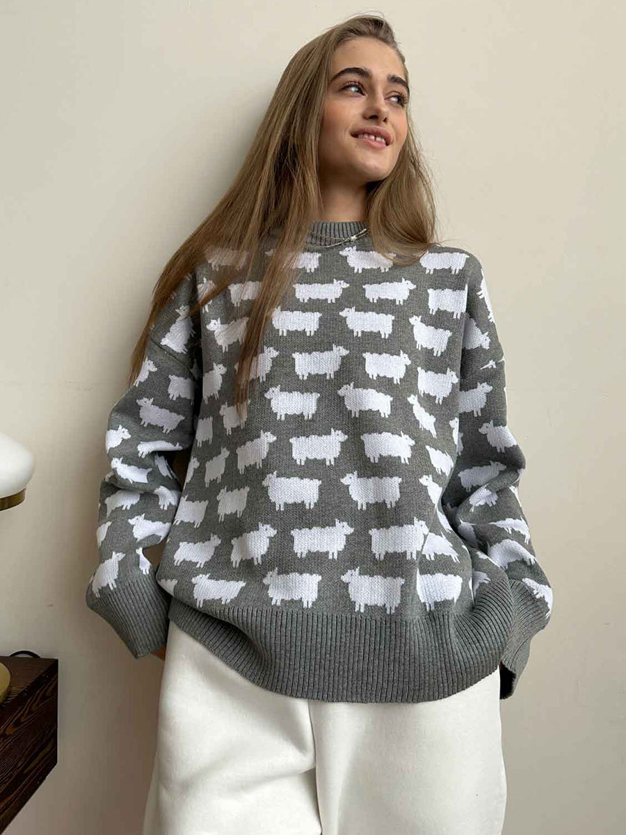 Suéter con estampado de alpaca con cuello redondo transfronterizo, otoño e invierno europeo y americano, nuevas mujeres, suéter casual suelto de cuello redondo, jersey image 1