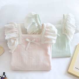 儿童春夏薄纯棉纱布女童家居服纯色大花边公主长袖睡衣亲子空调服