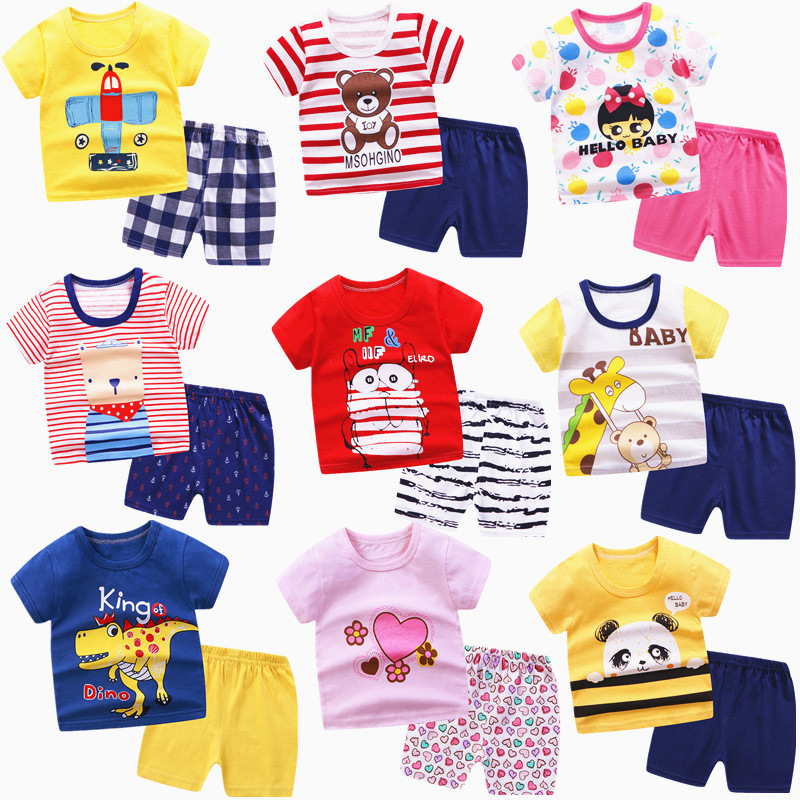 Children's Summer Short-Sleeved Cotton T-Shirt Set Boys And Girls Baby Shorts Two-Piece Set Children's Wear One Hair