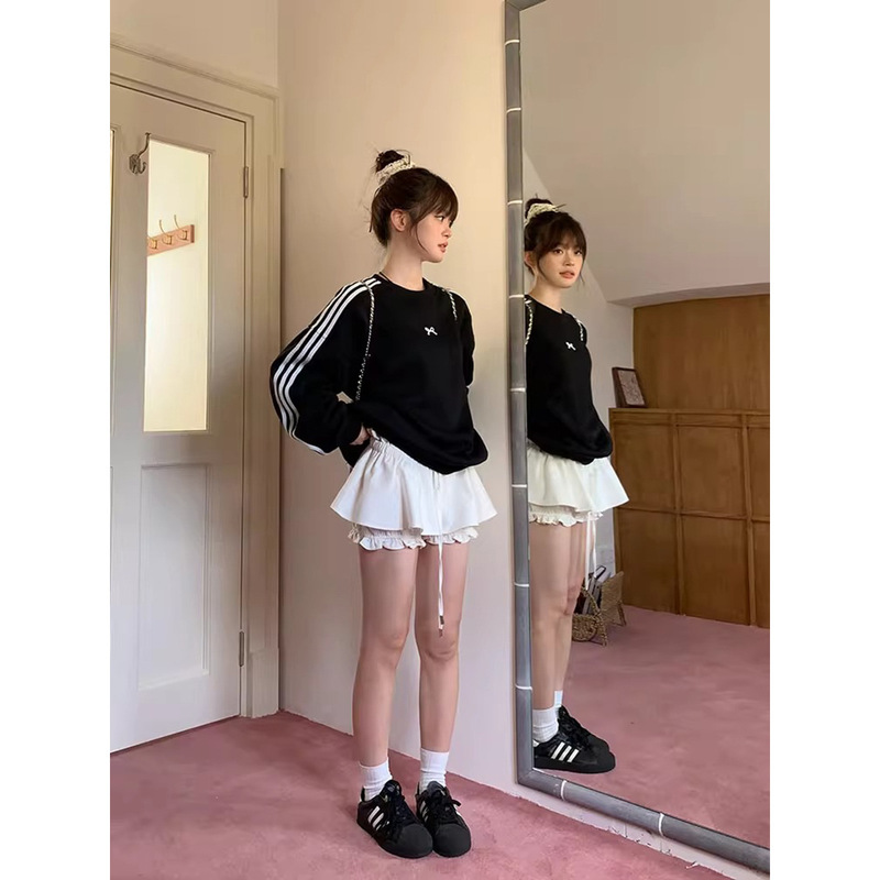 2563 #   宋正恩スリーストライプスリボン黒スウェットシャツ2025春新作韓国長袖トップジャケット|undefined