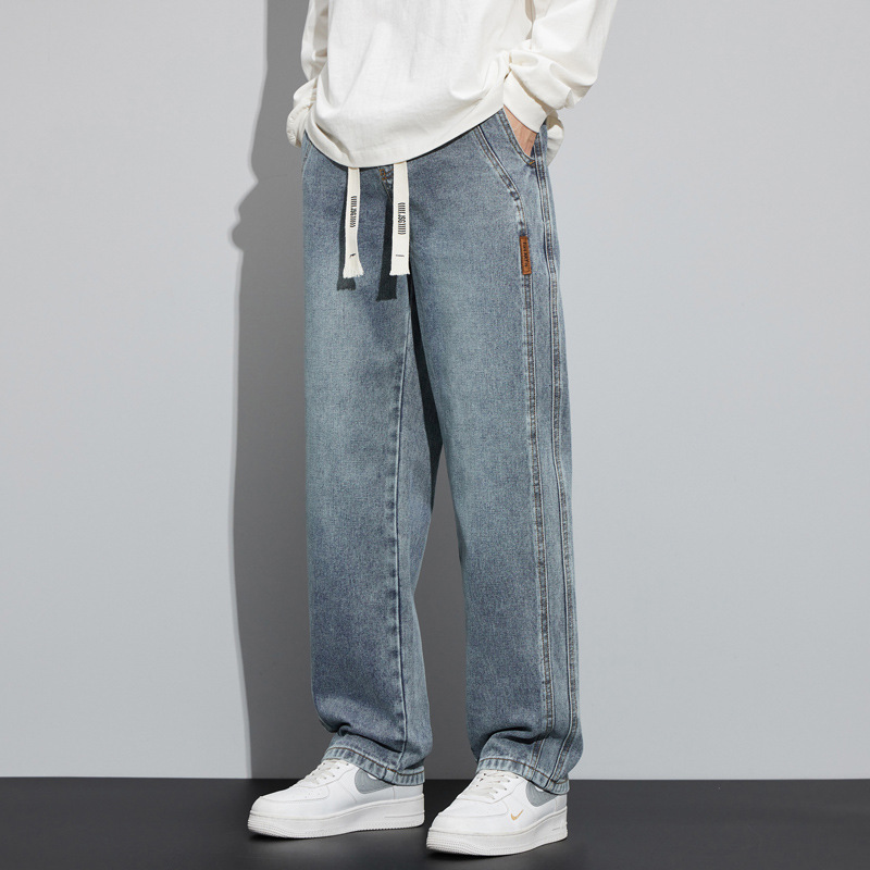 Jeans 2023 de los hombres con forro polar popular primavera y otoño rectos sueltos cintura ajustada pierna ancha casual pantalones largos Otoño e Invierno