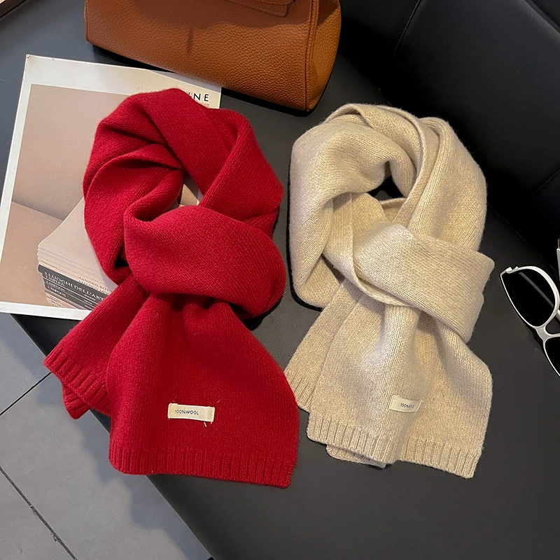 Red small knitted warm scarf, with neck protection