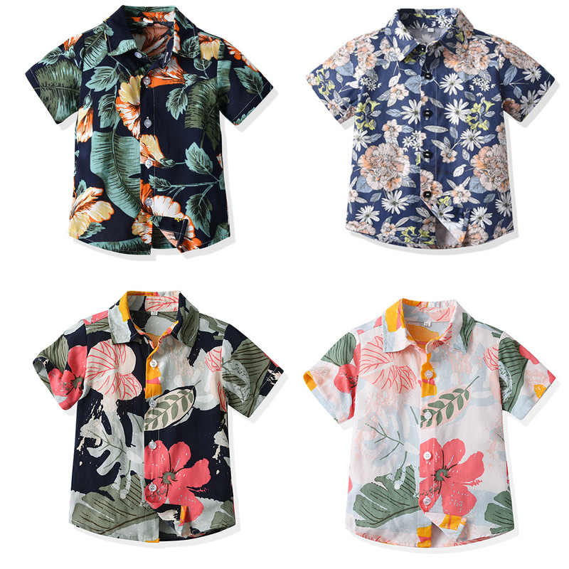 Summer Short-sleeved Lapel Short-sleeved Hawaiian Flower Shirt 2025 Trendy Fathers and Sons Floral Cotton Casual Cardigan Parent-child Dress