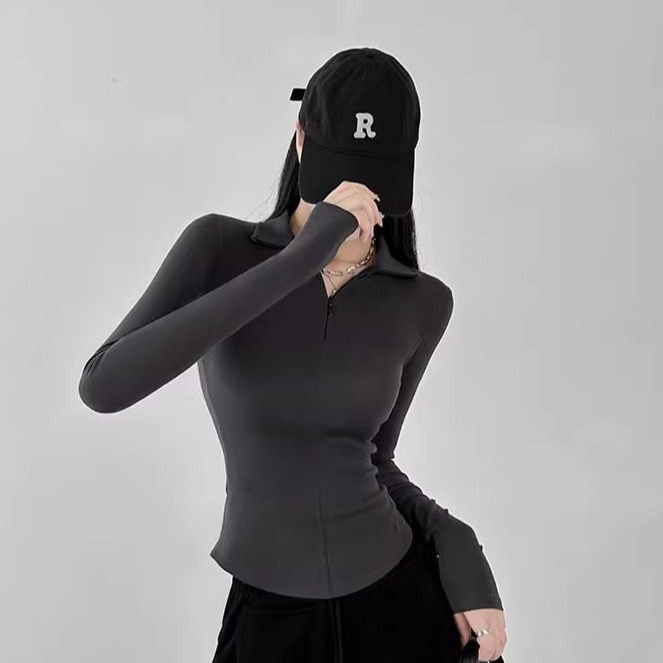 黑色长袖t恤女2025新款秋季修身显瘦翻领美式辣妹上衣内搭打底衫|undefined
