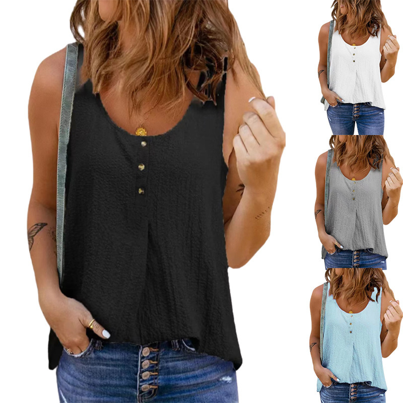 Cross-border 2022 Europe and America Amazon Summer New Solid Color Round Neck Button Decoration Sleeveless Vest T-shirt Women's Clothing