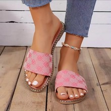 欧美外贸大码平底一字型绣花拖鞋女跨境外穿轻便沙滩凉拖slippers