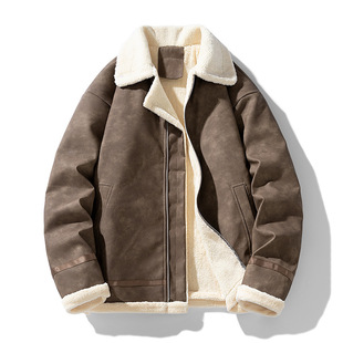 Korean Style Lapel Fleece-Lined Pu Leather Jacket Men's Trendy Brand Winter Cold-Proof Thickeneded Jacket Youth Casual Leather Jacket Wholesale
