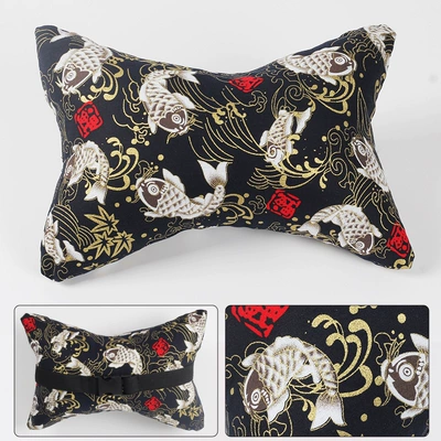 Cross-border exclusive for wind fabric headrest bone headrest RV seat accessories JDM racing chair backrest town universal (Headrest) - koi-black-japanese-style-hot-stamping-cloth-headrest-28cm18cm12cm