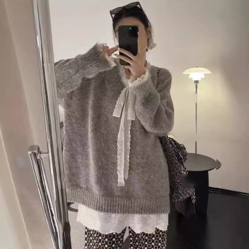 YUNSHU韩版设计感蕾丝飘带软糯套头毛衣女秋冬宽松慵懒风针织衫
