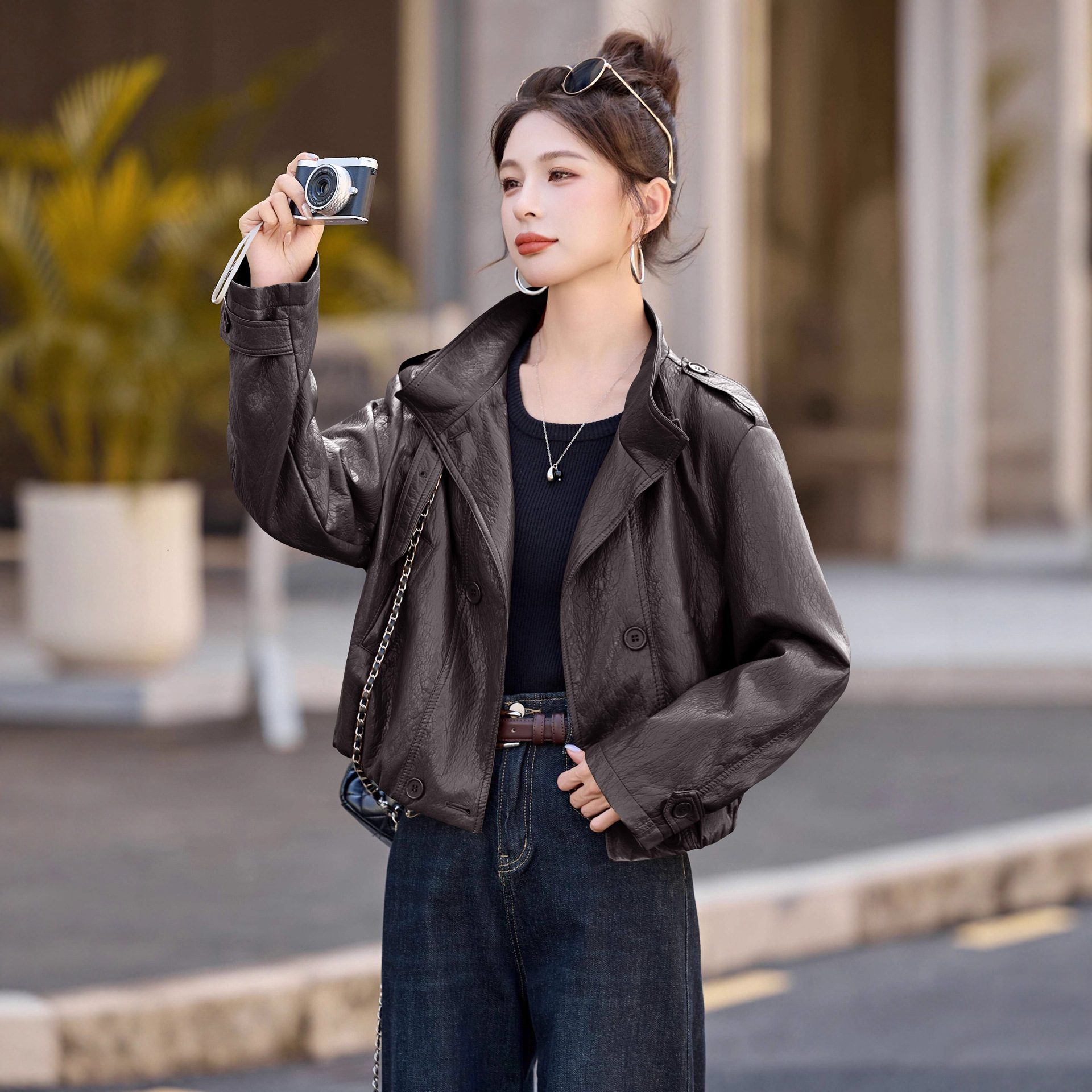 2025 New Autum Short Leather Jacket Women's Lapel Motorcycle Style Slim Orange Leather Jacket for Small People