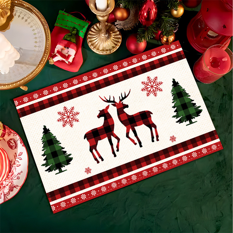 源工場の新しいクリスマス亜麻プリントの食事マットのアイデアクリスマス装飾テーブルマット家庭用断熱テーブルマット|undefined
