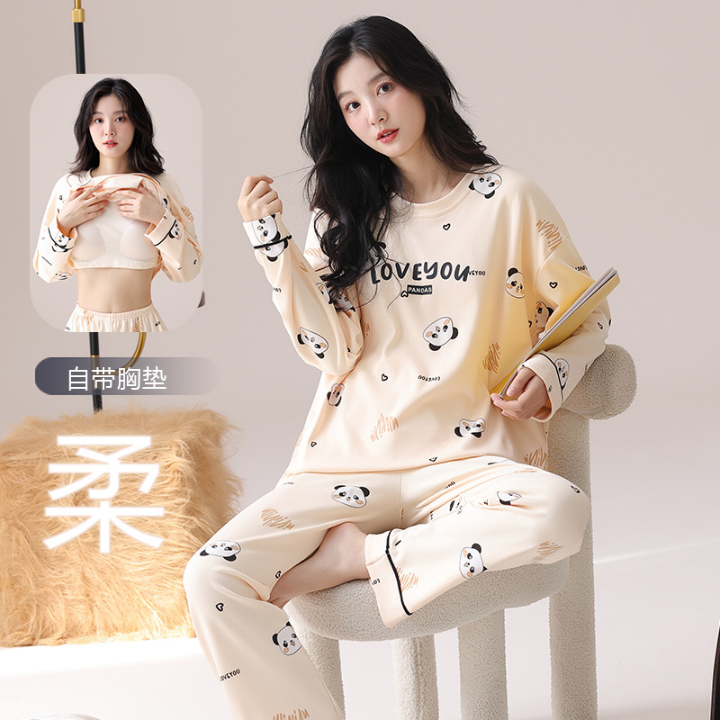 [Algodón puro] 40 pijamas de doble cara para mujer, primavera, otoño e invierno, nuevo estilo de manga larga con almohadilla para el pecho, traje de servicio a domicilio que se puede usar afuera