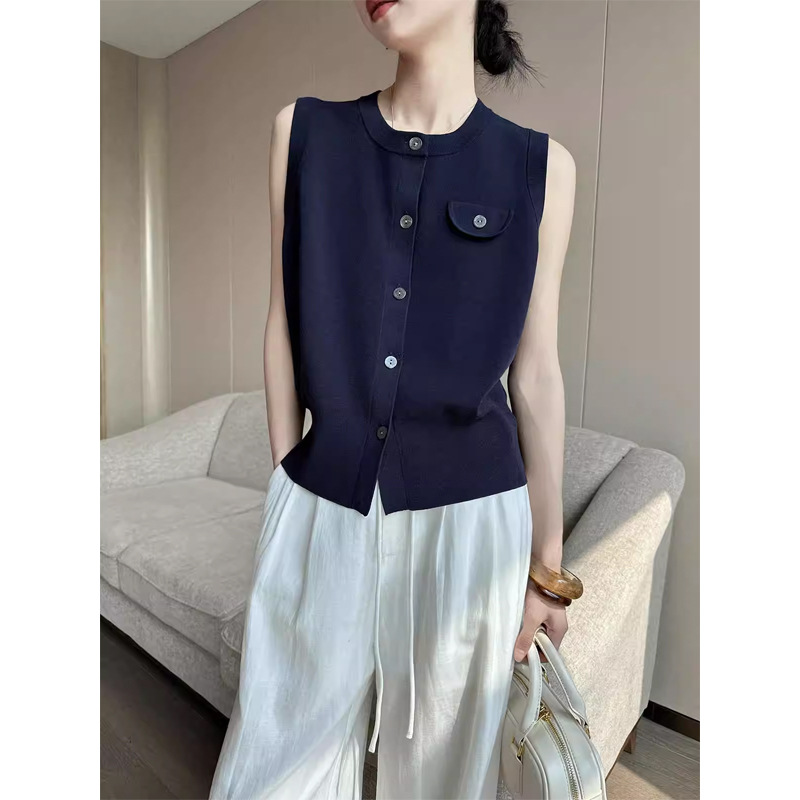 Áo cardigan len dệt kim nữ cổ tròn không tay dáng ôm — màu xanh hải quân chi tiết 2