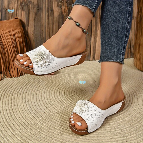 White Floral Slide Sandals Comfortable Slipons Elegant Cross-border