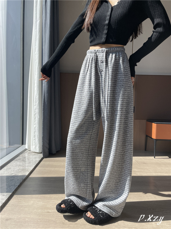 010 女士2025秋季新款卫裤高级感松紧腰垂感阔腿长裤女条纹休闲裤|undefined
