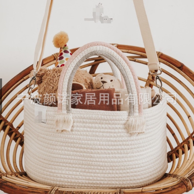 크로스 보더 새로운 레인보우 핸들 코튼 로프 아기 바구니 기저귀 교환 바구니 어깨 끈이있는 휴대용 기저귀 보관 가방