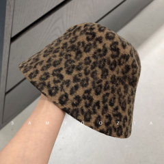 出韩国豹纹毛绒水桶帽子女冬保暖百搭遮脸素颜显脸小渔夫帽大头围