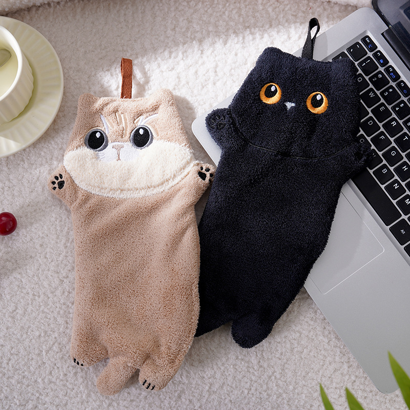 Cute Cat Hand Towel, Coral Velvet Thickened Absorbent Kitchen Hand Towel, Fashionable and Creative Children's Hand Towel