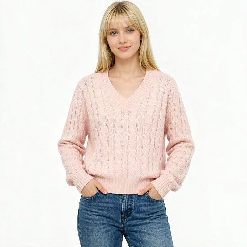 Cross-border Amazon foreign trade trendy brand RL authentic same style basic solid color cable knit V-neck sweater for women