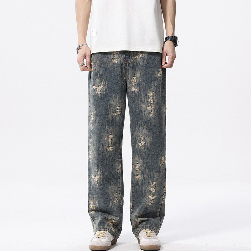 American Street Retro Ripped Jeans for Men in Spring and Autumn Loose Straight Jacquard Casual Wide-Leg Long Pants Trend American Street Retro Ripped Jeans for Men in Spring and Autumn Loose Straight Jacquard Casual Wide-Leg Long Pants Trend