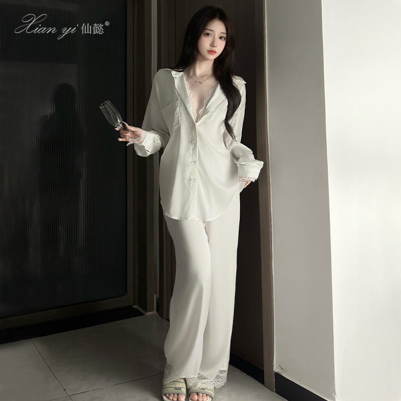 Xianyi Loose and Sweet Lace Trim Pure Desire Style Long-Sleeve Long-Pants Pajama Two-Piece Set for Home and Outdoor Wear K660 Xianyi Loose and Sweet Lace Trim Pure Desire Style Long-Sleeve Long-Pants Pajama Two-Piece Set for Home and Outdoor Wear K660