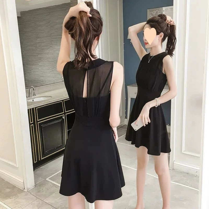 Новое летнее сексуальное шифоновое платье без рукавов, многослойное маленькое черное платье Хепберн для похудения