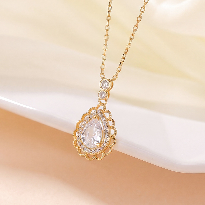 Dây chuyền bạc S925 mạ vàng mặt dây hình giọt nước phong cách sang trọng — Bộ dây chuyền bạc