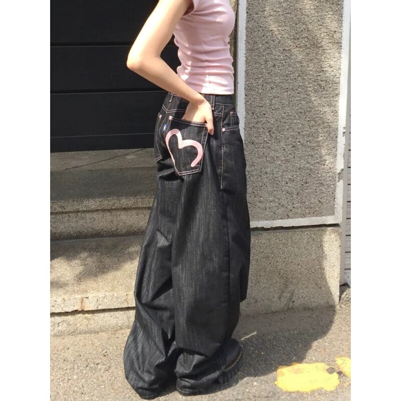 Plus-Size American Retro Pocket Heart-Shaped Denim Jeans for Women, 2026 New High-Waisted Straight-Leg Casual Wide-Leg Floor-Length Pants